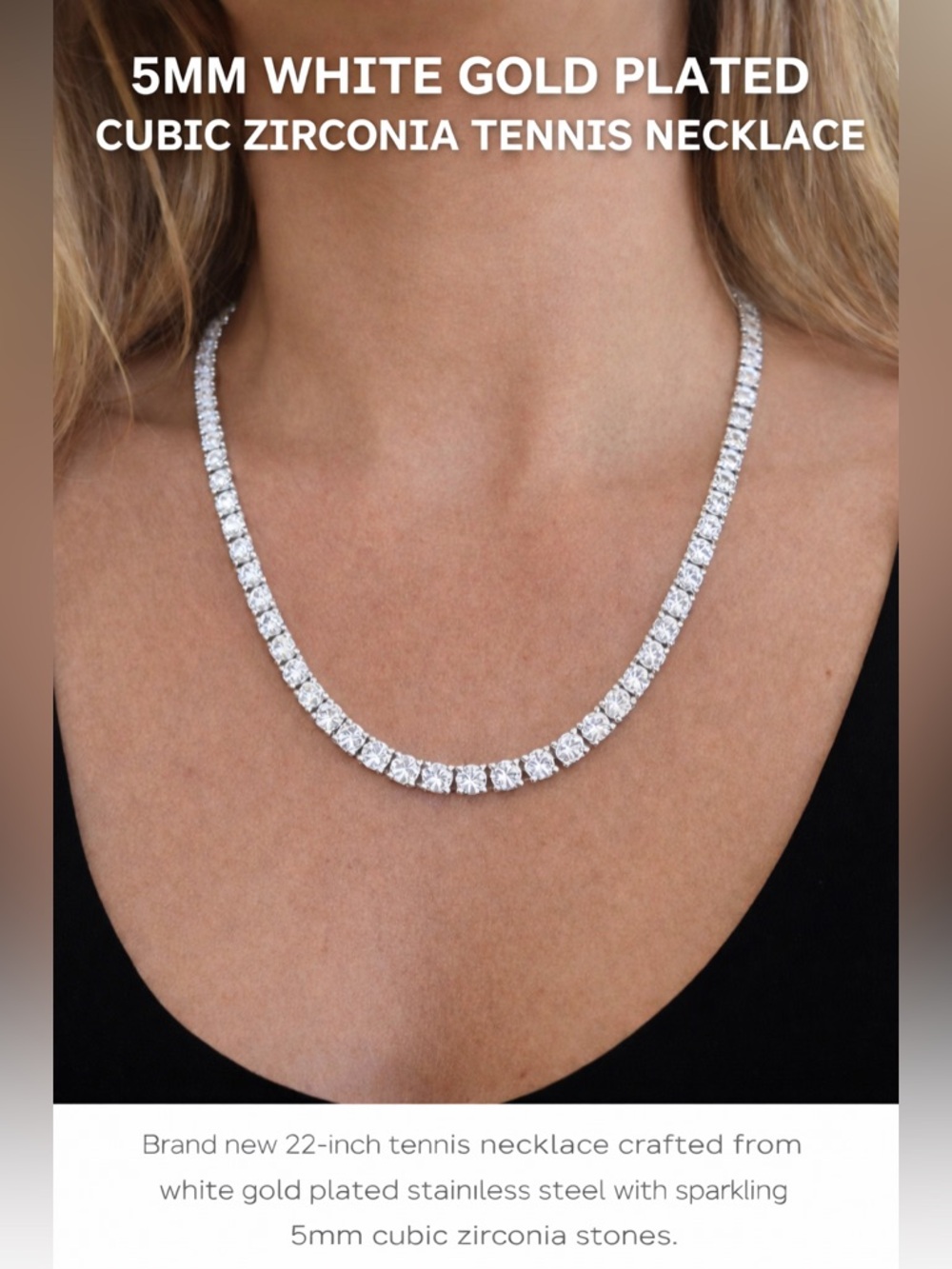 5mm White Gold Plated Cubic Zirconia Tennis Necklace - White